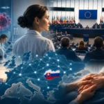 Ilustračná koláž zobrazujúca prepojenie slovenského onkologického výskumu, laboratórnej práce a Európskeho parlamentu ako symbol medzinárodnej spolupráce v boji proti rakovine.