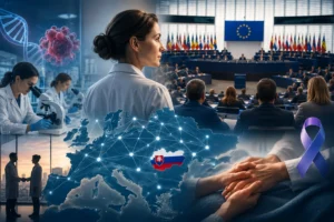 Ilustračná koláž zobrazujúca prepojenie slovenského onkologického výskumu, laboratórnej práce a Európskeho parlamentu ako symbol medzinárodnej spolupráce v boji proti rakovine.