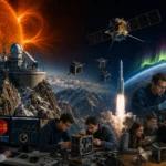 Ilustračný obrázok slovenského vesmírneho výskumu zobrazujúci observatórium na Lomnickom štíte, pozorovanie Slnka, satelity na obežnej dráhe a vývoj nanosatelitov.