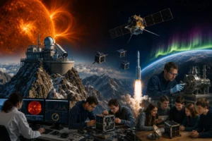 Ilustračný obrázok slovenského vesmírneho výskumu zobrazujúci observatórium na Lomnickom štíte, pozorovanie Slnka, satelity na obežnej dráhe a vývoj nanosatelitov.