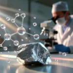 Realistická scéna z materiálového laboratória na Slovensku. Vedec skúma striebristý kovový vzorok horčíka pod mikroskopom – symbol výskumu pokročilých materiálov pre priemysel a energetiku.