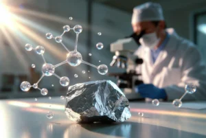 Realistická scéna z materiálového laboratória na Slovensku. Vedec skúma striebristý kovový vzorok horčíka pod mikroskopom – symbol výskumu pokročilých materiálov pre priemysel a energetiku.