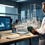 Vedec v laboratóriu drží elektronický komponent, v pozadí holografická vizualizácia fabriky – symbol transferu technológií a prechodu od vedeckého výskumu k priemyselnej aplikácii na Slovensku.