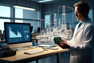 Vedec v laboratóriu drží elektronický komponent, v pozadí holografická vizualizácia fabriky – symbol transferu technológií a prechodu od vedeckého výskumu k priemyselnej aplikácii na Slovensku.