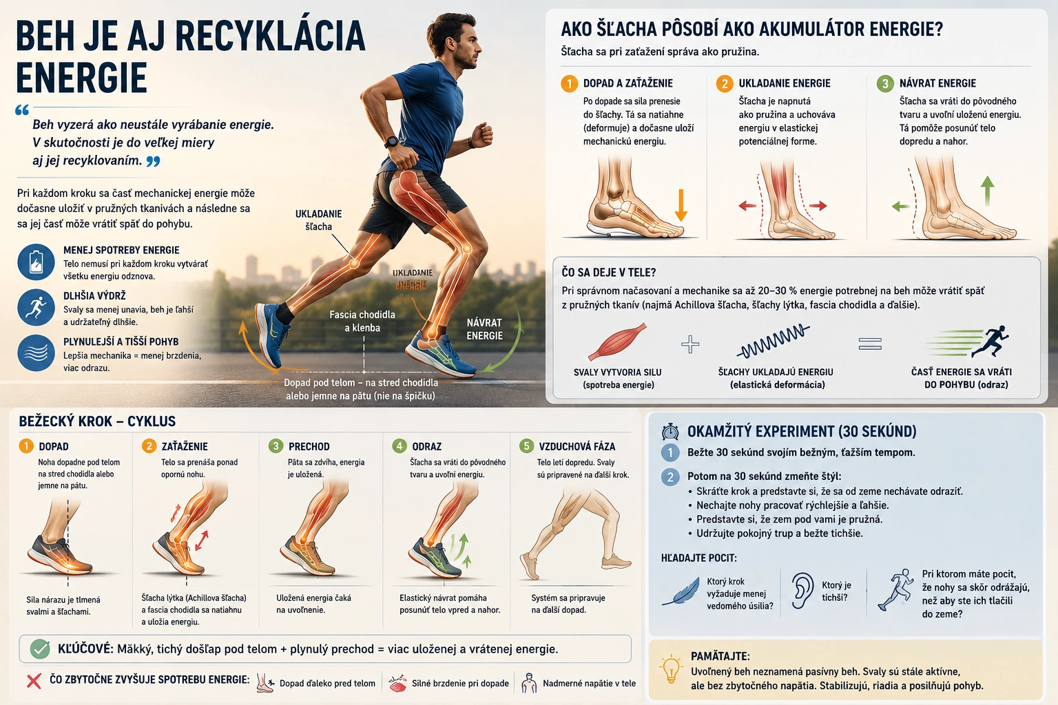 Infografika vysvetľuje, ako Achillova šľacha, lýtkové svaly a fascia chodidla fungujú ako pružiny. Ukladanie a návrat energie, správny došľap a okamžitý experiment pre lepšiu ekonomiku behu.