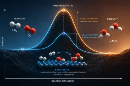 Ilustrácia chemickej reakcie s energetickou bariérou, prechodovým stavom a katalyzovanou alternatívnou cestou