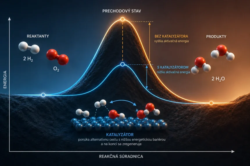 Ilustrácia chemickej reakcie s energetickou bariérou, prechodovým stavom a katalyzovanou alternatívnou cestou