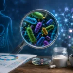 Ilustračné zobrazenie črevného mikrobiómu, baktérií a moderného biomedicínskeho výskumu črevnej mikrobioty.