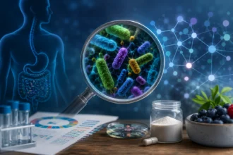 Ilustračné zobrazenie črevného mikrobiómu, baktérií a moderného biomedicínskeho výskumu črevnej mikrobioty.