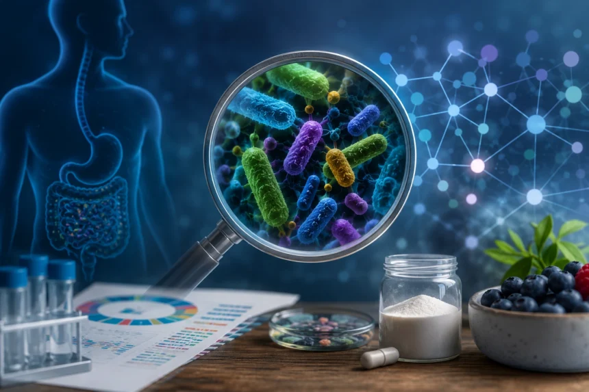 Ilustračné zobrazenie črevného mikrobiómu, baktérií a moderného biomedicínskeho výskumu črevnej mikrobioty.