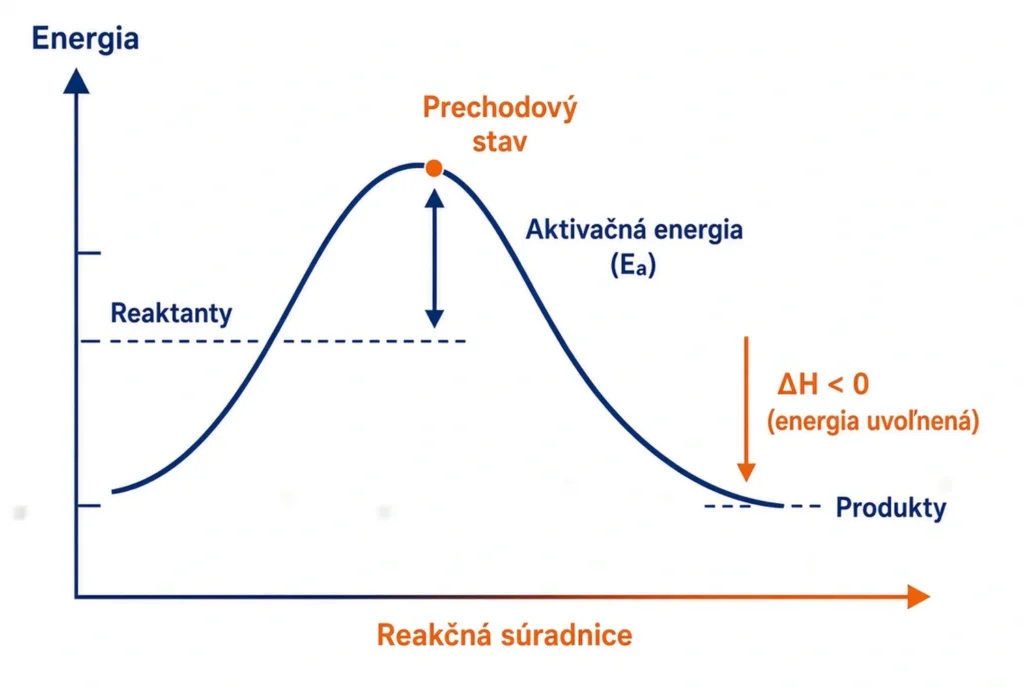 Energetický profil exotermickej chemickej reakcie – schéma ukazujúca reaktanty, prechodový stav, aktivačnú energiu (Ea) a produkty s nižšou energiou (ΔH < 0)