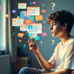 Mladý človek pozerajúci sa do smartfónu, okolo ktorého sa vznášajú digitálne ikony, správy a otázniky – ilustrácia informačného preťaženia a vnímania dezinformácií.