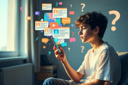 Mladý človek pozerajúci sa do smartfónu, okolo ktorého sa vznášajú digitálne ikony, správy a otázniky – ilustrácia informačného preťaženia a vnímania dezinformácií.