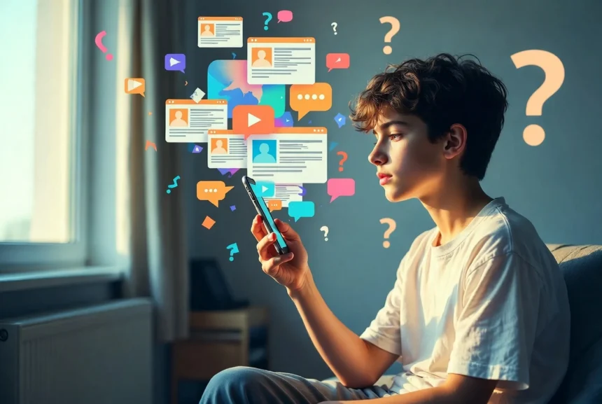 Mladý človek pozerajúci sa do smartfónu, okolo ktorého sa vznášajú digitálne ikony, správy a otázniky – ilustrácia informačného preťaženia a vnímania dezinformácií.