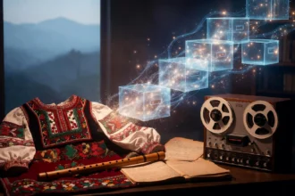 Ilustrácia slovenského folklóru a etnologického archívu – vyšívaný kroj, pastierska píšťala, rukopisné poznámky a starý magnetofón, z ktorých sa digitálne schránky vznášajú do svetla, symbol digitalizácie kultúrneho dedičstva.