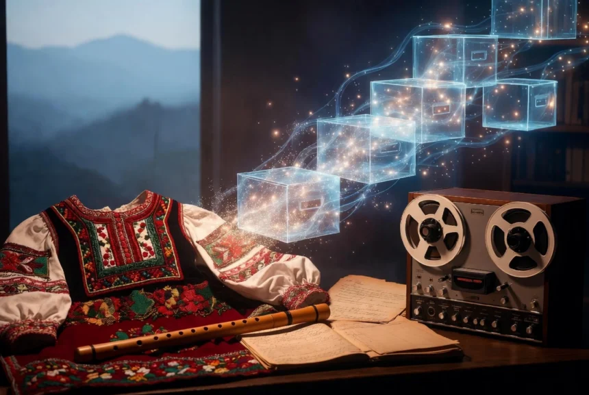 Ilustrácia slovenského folklóru a etnologického archívu – vyšívaný kroj, pastierska píšťala, rukopisné poznámky a starý magnetofón, z ktorých sa digitálne schránky vznášajú do svetla, symbol digitalizácie kultúrneho dedičstva.