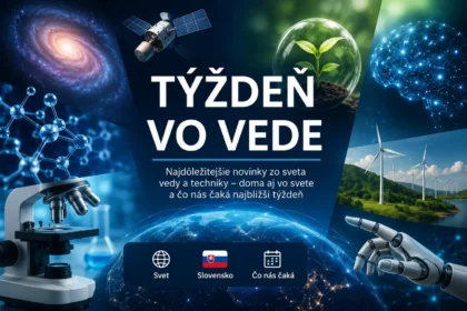 Koláž ilustrujúca vedu a techniku vrátane vesmíru, mikroskopu, umelej inteligencie a zeme s nápisom Týždeň vo vede.
