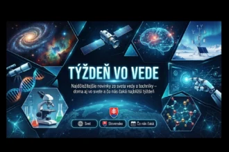 Koláž ilustrujúca vedu a techniku vrátane vesmíru, mikroskopu, umelej inteligencie a zeme s nápisom Týždeň vo vede.