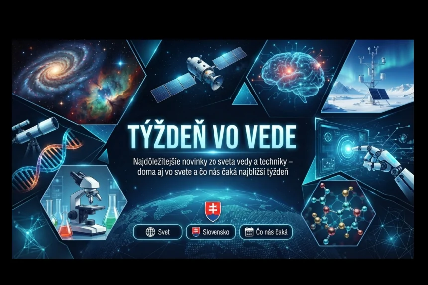 Koláž ilustrujúca vedu a techniku vrátane vesmíru, mikroskopu, umelej inteligencie a zeme s nápisom Týždeň vo vede.
