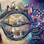 Ilustrácia znázorňujúca historický vývoj od psychológie Sigmunda Freuda a masovej reklamy až po moderné digitálne algoritmy a sociálne siete.
