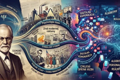 Ilustrácia znázorňujúca historický vývoj od psychológie Sigmunda Freuda a masovej reklamy až po moderné digitálne algoritmy a sociálne siete.