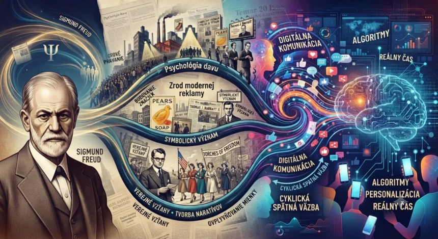 Ilustrácia znázorňujúca historický vývoj od psychológie Sigmunda Freuda a masovej reklamy až po moderné digitálne algoritmy a sociálne siete.