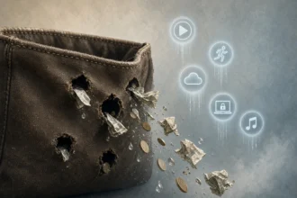 Vrecko s dierami, z ktorého unikajú mince, bankovky a ikony streamovacích služieb, cloudových úložísk a aplikácií – metafora nenápadných mesačných predplatných
