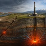 Ilustračný prierez geologickými vrstvami pod slovenskou krajinou. Na ľavej strane seizmická stanica zaznamenáva zemetrasenie vychádzajúce zo zlomu s červenými epicentrovými kruhmi.