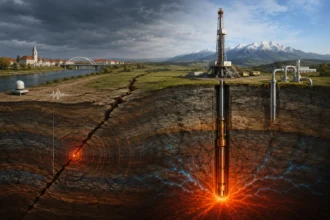 Ilustračný prierez geologickými vrstvami pod slovenskou krajinou. Na ľavej strane seizmická stanica zaznamenáva zemetrasenie vychádzajúce zo zlomu s červenými epicentrovými kruhmi.