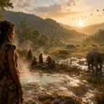 Neandertálka Vela pri teplých prameňoch v zelenej krajine s lesmi, nosorožcami a lesnými slonmi