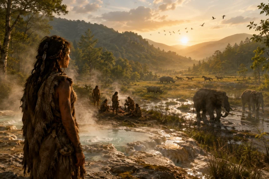 Neandertálka Vela pri teplých prameňoch v zelenej krajine s lesmi, nosorožcami a lesnými slonmi