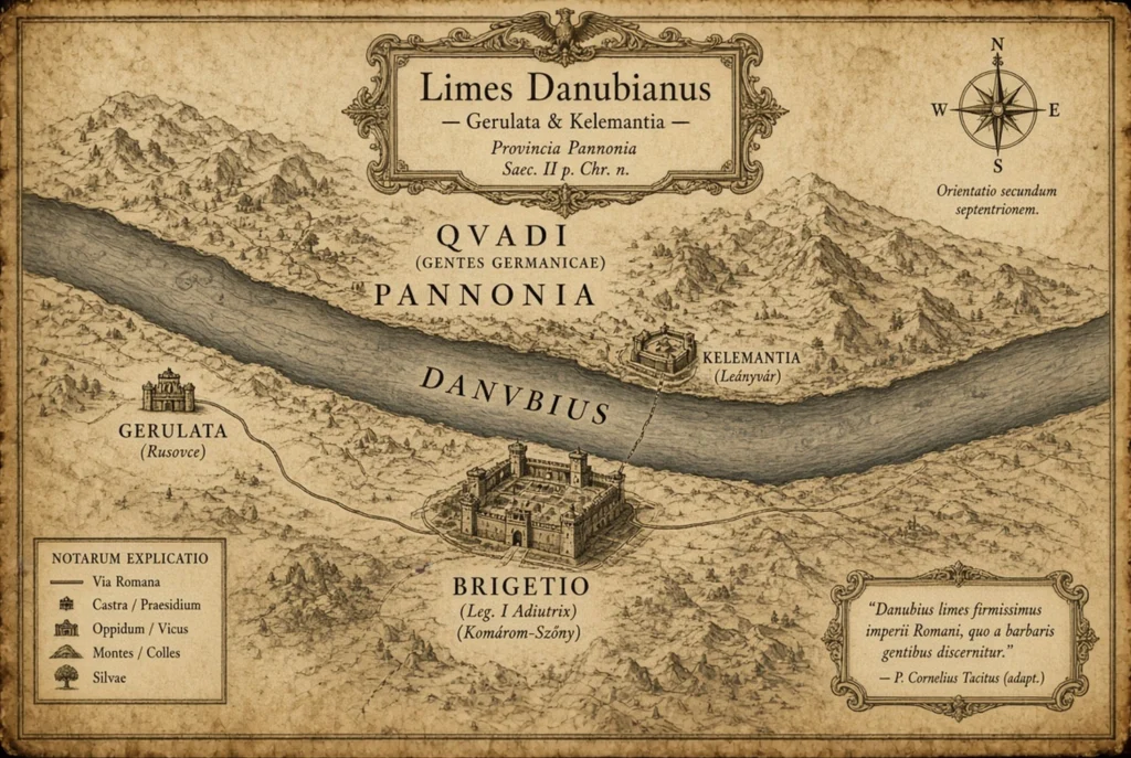 Antická strategická mapa dunajského limesu z 2. storočia: rímske pevnosti Gerulata (Rusovce) a Kelemantia (Iža/Leányvár) na Dunaji, oproti légiovému táboru Brigetio, s územím Kvádov a provinciou Pannonia