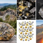 Ilustračná koláž zlatonosnej horniny, mikroskopických minerálnych zŕn, kryštálovej štruktúry a hydrotermálneho systému