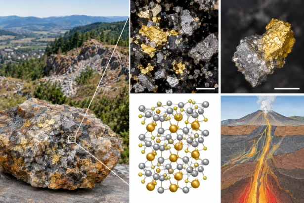 Ilustračná koláž zlatonosnej horniny, mikroskopických minerálnych zŕn, kryštálovej štruktúry a hydrotermálneho systému