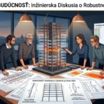 Tím stavebných inžinierov nad výkresmi a 3D modelom výškovej budovy analyzuje robustnosť a bezpečnosť nosných konštrukcií.