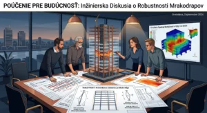 Tím stavebných inžinierov nad výkresmi a 3D modelom výškovej budovy analyzuje robustnosť a bezpečnosť nosných konštrukcií.