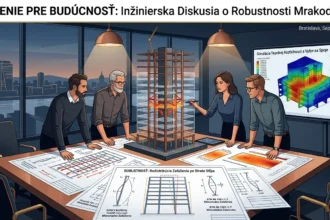 Tím stavebných inžinierov nad výkresmi a 3D modelom výškovej budovy analyzuje robustnosť a bezpečnosť nosných konštrukcií.