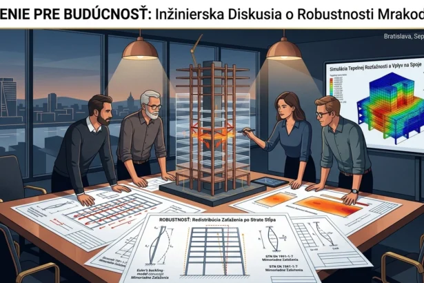 Tím stavebných inžinierov nad výkresmi a 3D modelom výškovej budovy analyzuje robustnosť a bezpečnosť nosných konštrukcií.