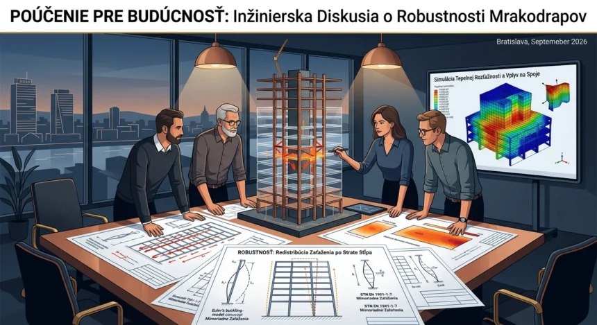 Tím stavebných inžinierov nad výkresmi a 3D modelom výškovej budovy analyzuje robustnosť a bezpečnosť nosných konštrukcií.