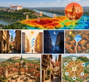 Ilustrácia mestského tepelného ostrova v Bratislave: teplotná mapa historického centra, urban canyon efekt a porovnanie stredovekých uličiek so súčasnou zástavbou