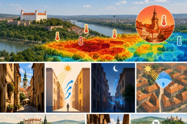 Ilustrácia mestského tepelného ostrova v Bratislave: teplotná mapa historického centra, urban canyon efekt a porovnanie stredovekých uličiek so súčasnou zástavbou