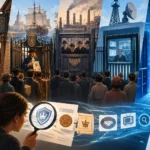 Ilustrácia historických a digitálnych brán, ktoré regulujú prístup k trhu, médiám a publiku.