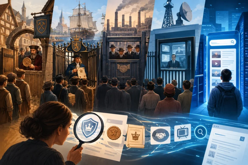 Ilustrácia historických a digitálnych brán, ktoré regulujú prístup k trhu, médiám a publiku.