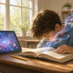 12-ročný chlapec v triede sústredene číta z otvorenej tlačenej knihy, tablet s digitálnymi vzormi leží naboku, z knihy vychádzajú jemné neurónové spojenia symbolizujúce hlboké spracovanie textu