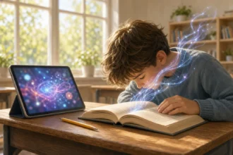 12-ročný chlapec v triede sústredene číta z otvorenej tlačenej knihy, tablet s digitálnymi vzormi leží naboku, z knihy vychádzajú jemné neurónové spojenia symbolizujúce hlboké spracovanie textu