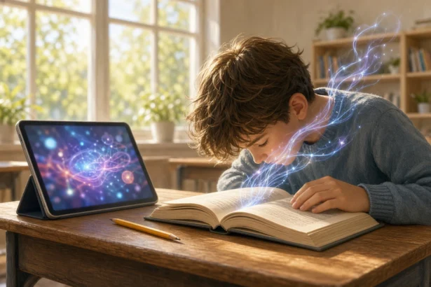 12-ročný chlapec v triede sústredene číta z otvorenej tlačenej knihy, tablet s digitálnymi vzormi leží naboku, z knihy vychádzajú jemné neurónové spojenia symbolizujúce hlboké spracovanie textu