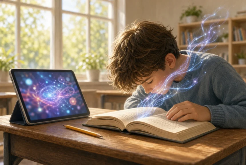 12-ročný chlapec v triede sústredene číta z otvorenej tlačenej knihy, tablet s digitálnymi vzormi leží naboku, z knihy vychádzajú jemné neurónové spojenia symbolizujúce hlboké spracovanie textu