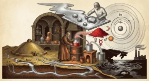 Ilustrácia spájajúca alchýmiu, historické mauzóleum s tekutou ortuťou, moderné laboratórium a kvapalnú ortuť pri izbovej teplote.