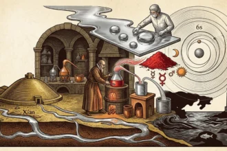 Ilustrácia spájajúca alchýmiu, historické mauzóleum s tekutou ortuťou, moderné laboratórium a kvapalnú ortuť pri izbovej teplote.
