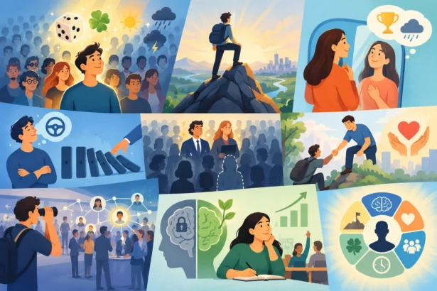 Ilustrácia znázorňujúca vplyv talentu, šťastia, úsilia a náhody na úspech